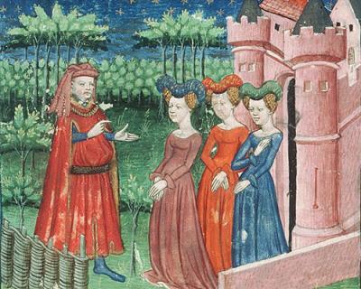 Geoffroi de La Tour Landry enseignant à ses filles, enluminure tirée d'un manuscrit de son Livre pour l'enseignement de ses filles, XVe siècle (Châteauroux, Médiathèque Equinoxe, Ms. 4, f. 001)